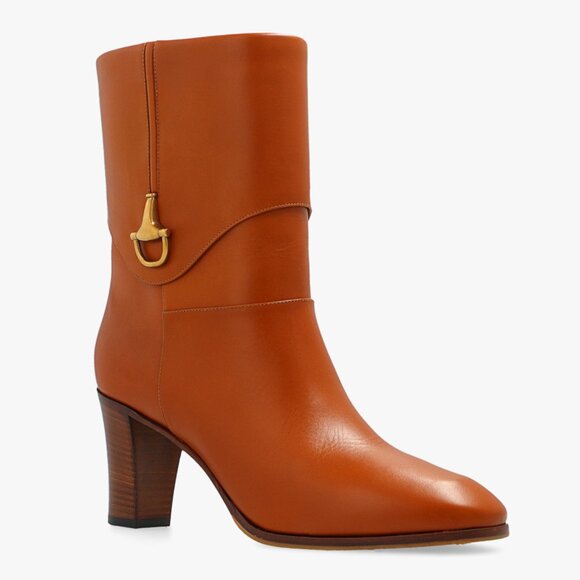 GUCCI BOOTS ELIZABETH HEELED ANKLE BROWN LEATHER w HORSEBIT - Picture 2 of 16